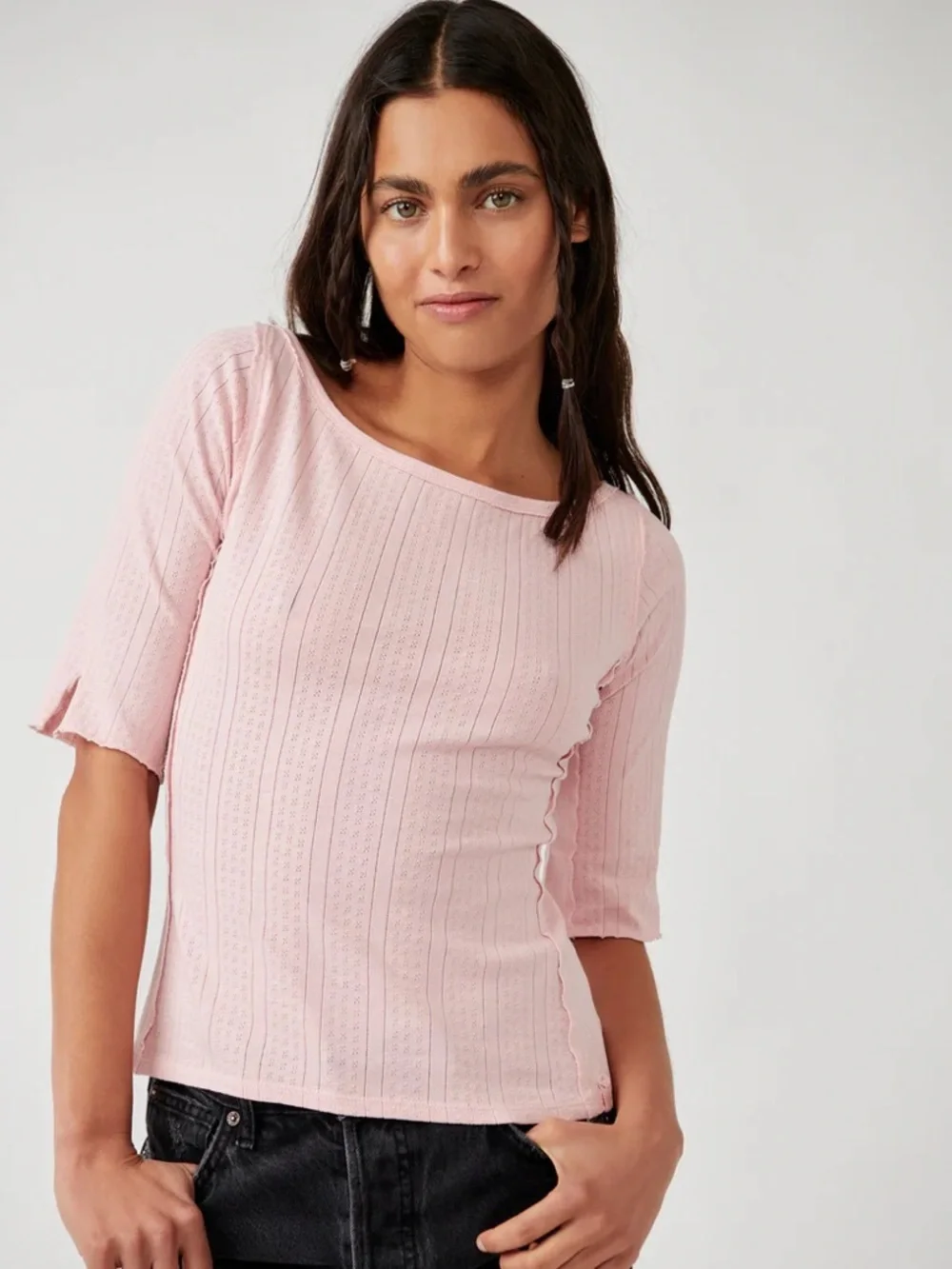 We The Free pointelle Sweet and Salty tee blush lettuce hem short sleeve